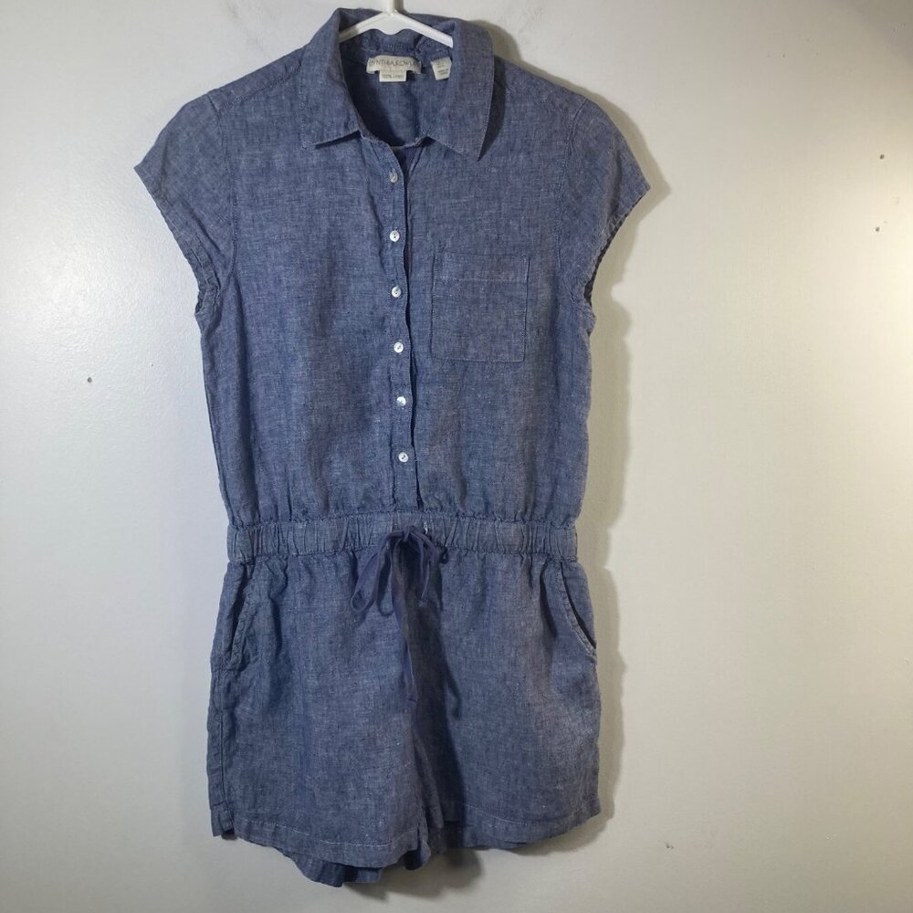 Womens Cynthia Rowley Linen Romper Marled Blue S‎ Linen Elastic Tie Waist